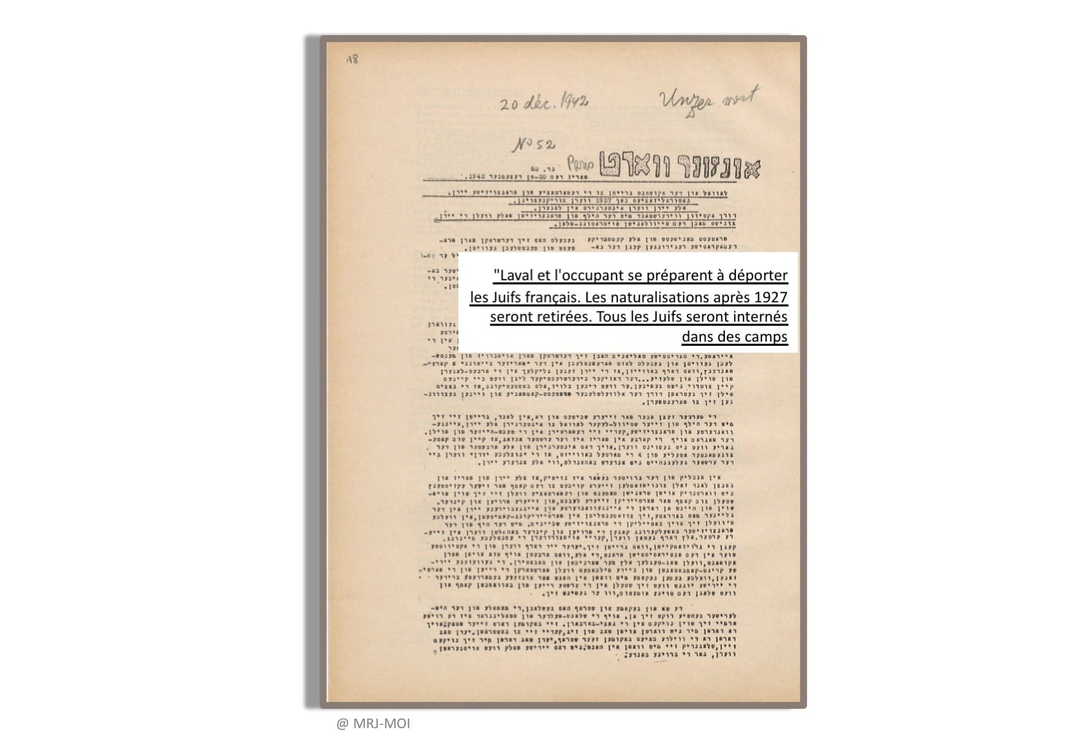 <span style="float: left; font-size: 26px; font-weight: bold; color: black;">1</span> Organisation de la lutte armée sur tout le territoire 26 s10.pa1 .013 unzer wort 20dec 1942 trad mg MRJ MOI