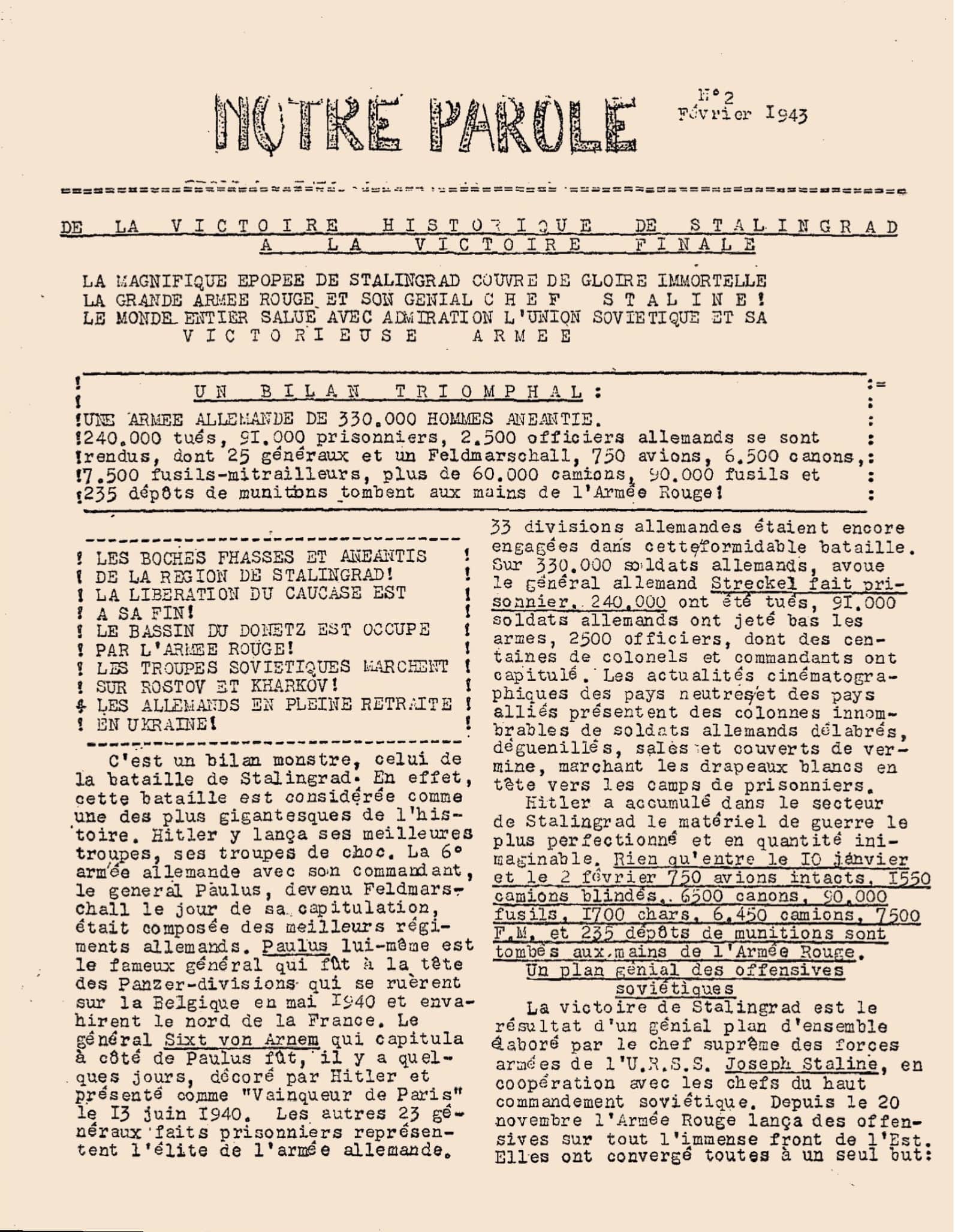 <span style="float: left; font-size: 26px; font-weight: bold; color: black;">2</span> Accélération de la déportation. Armée nazie en déroute 30 s10.pa2 .006 notre parole fev 1943 mg MRJ MOI