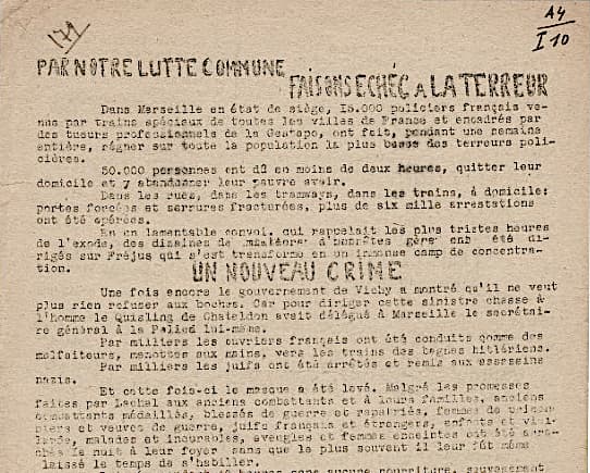 <span style="float: left; font-size: 26px; font-weight: bold; color: black;">1</span> Regroupement de la Résistance juive communiste 56 s11.pa1 .009 mncr marseille 13fev1943 MRJ MOI