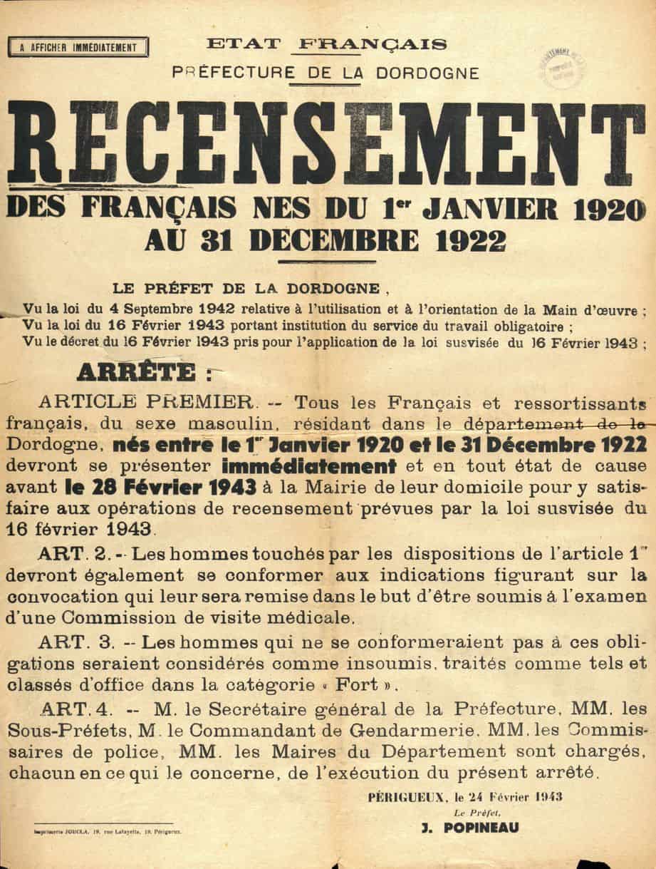 <span style="float: left; font-size: 26px; font-weight: bold; color: black;">1</span> Service du travail obligatoire et propagande 26 s12.pa1 .003 affiche recensement sto 1943 MRJ MOI
