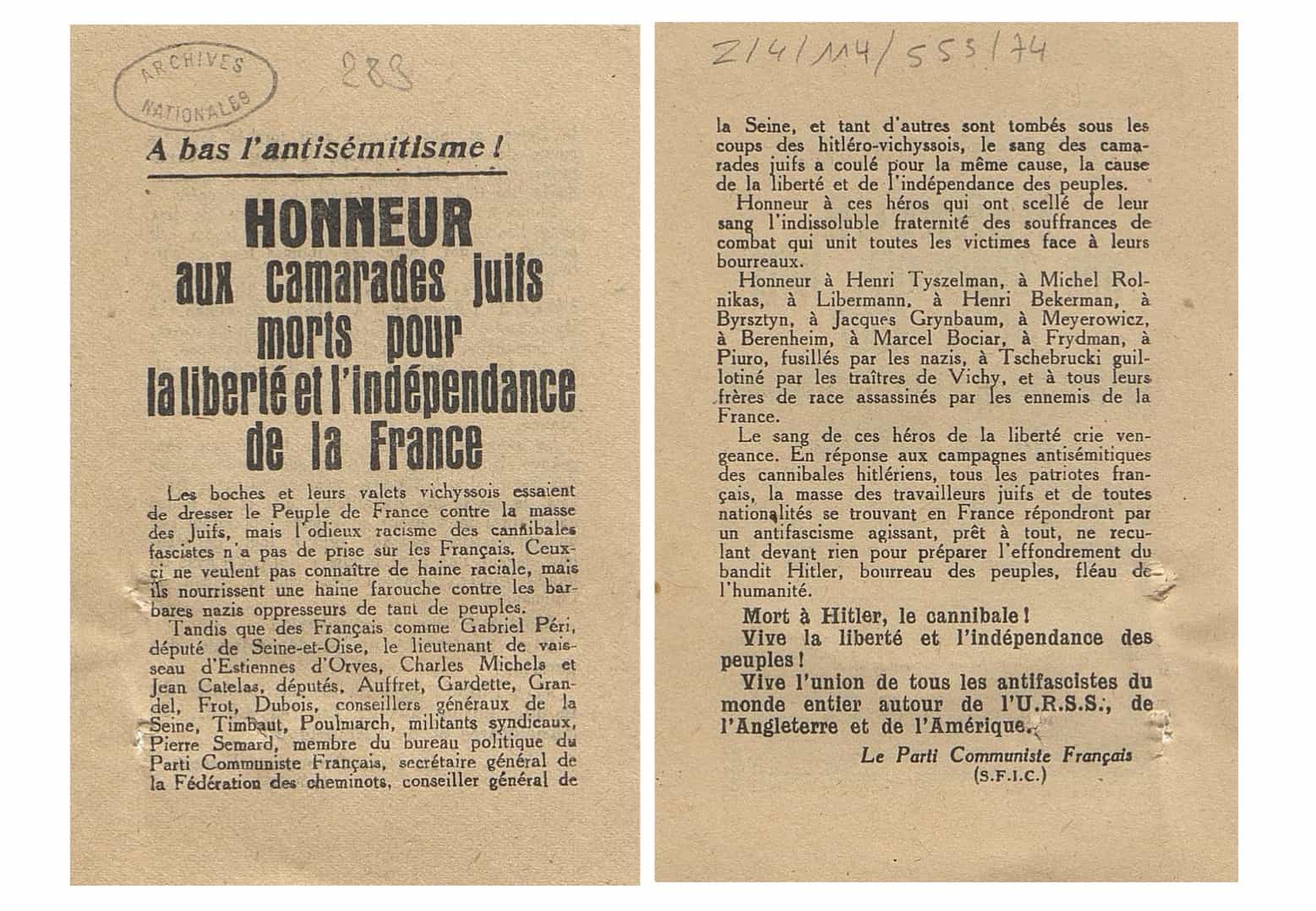 <span style="float: left; font-size: 26px; font-weight: bold; color: black;">1</span> Service du travail obligatoire et propagande 24 s12.pa1 .010 tract antisemitisme mg MRJ MOI