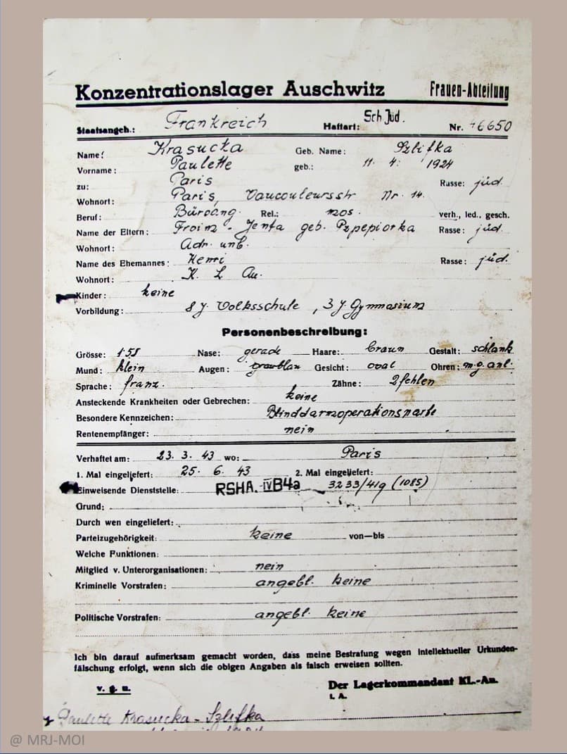 <span style="float: left; font-size: 26px; font-weight: bold; color: black;">3</span> Répression et déportation 33 s12.pa3 .013 fiche auschwitz p.slzlifka mg MRJ MOI