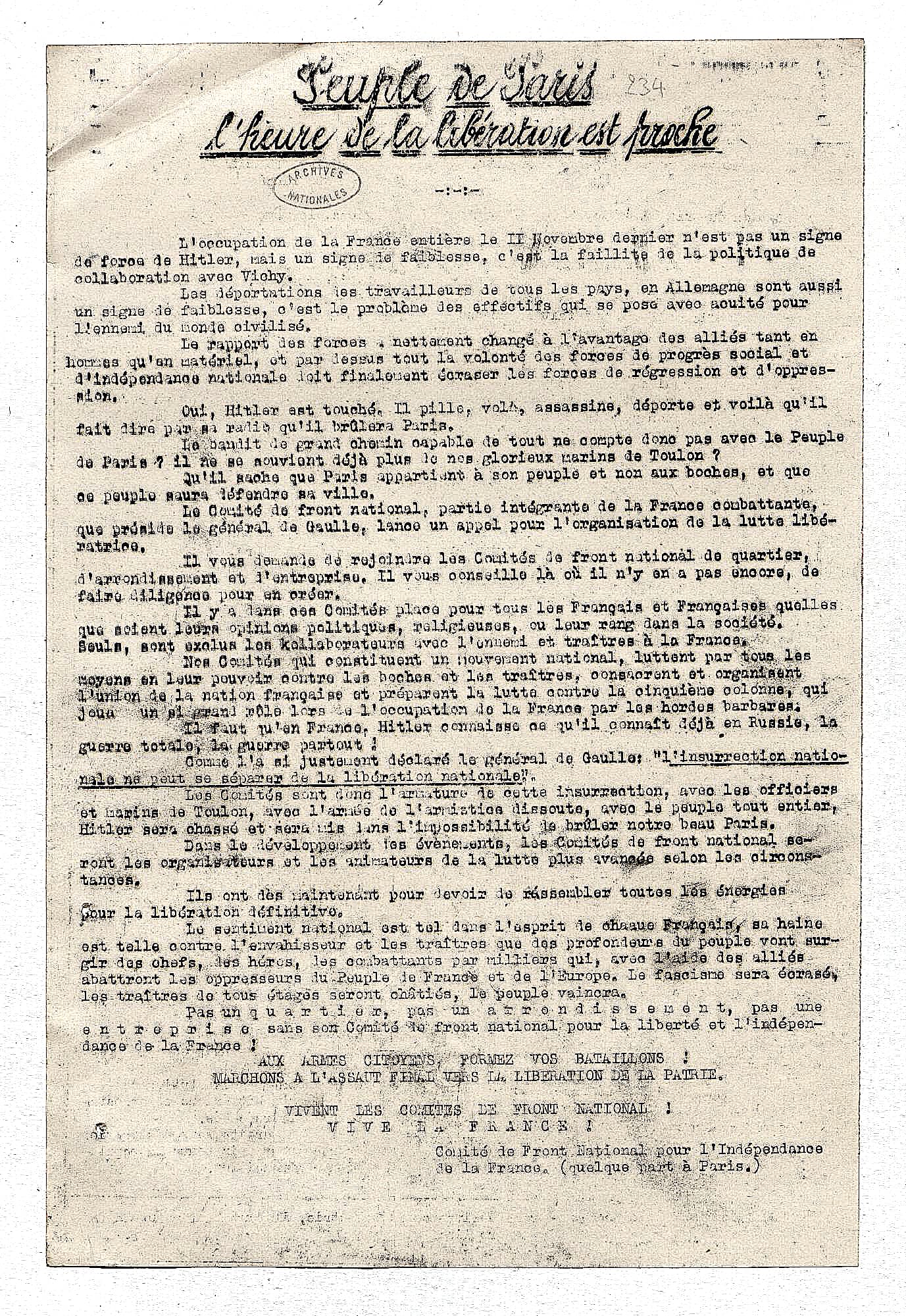 <span style="float: left; font-size: 26px; font-weight: bold; color: black;">1</span> Contre le nazisme et Vichy : convergence des forces 32 s13.pa1 .020 appel front national MRJ MOI