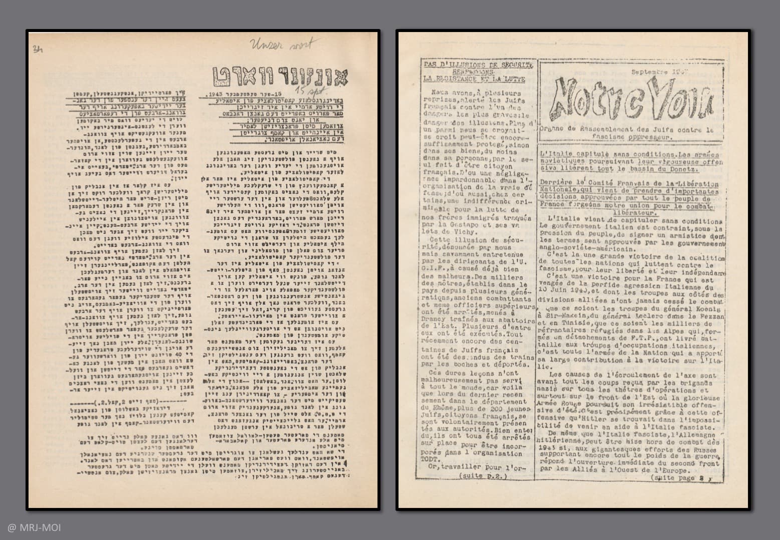<span style="float: left; font-size: 26px; font-weight: bold; color: black;">2</span> Fédération des mouvements juifs 25 s13.pa2 .004 unzer wort 15 sept43.mg MRJ MOI