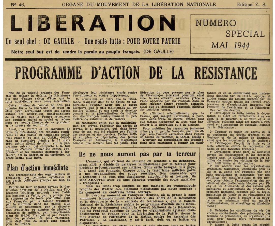 <span style="float: left; font-size: 26px; font-weight: bold; color: black;">3</span> Programme du Conseil National de la Résistance et combats sur le terrain 27 s13.pa3 .002 liberation mai44.mg MRJ MOI