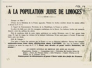 <span style="float: left; font-size: 26px; font-weight: bold; color: black;">4</span> Insurrections populaires. Engagement des jeunes Juifs 35 s14.pa4 .016 tract ujre limoges MRJ MOI