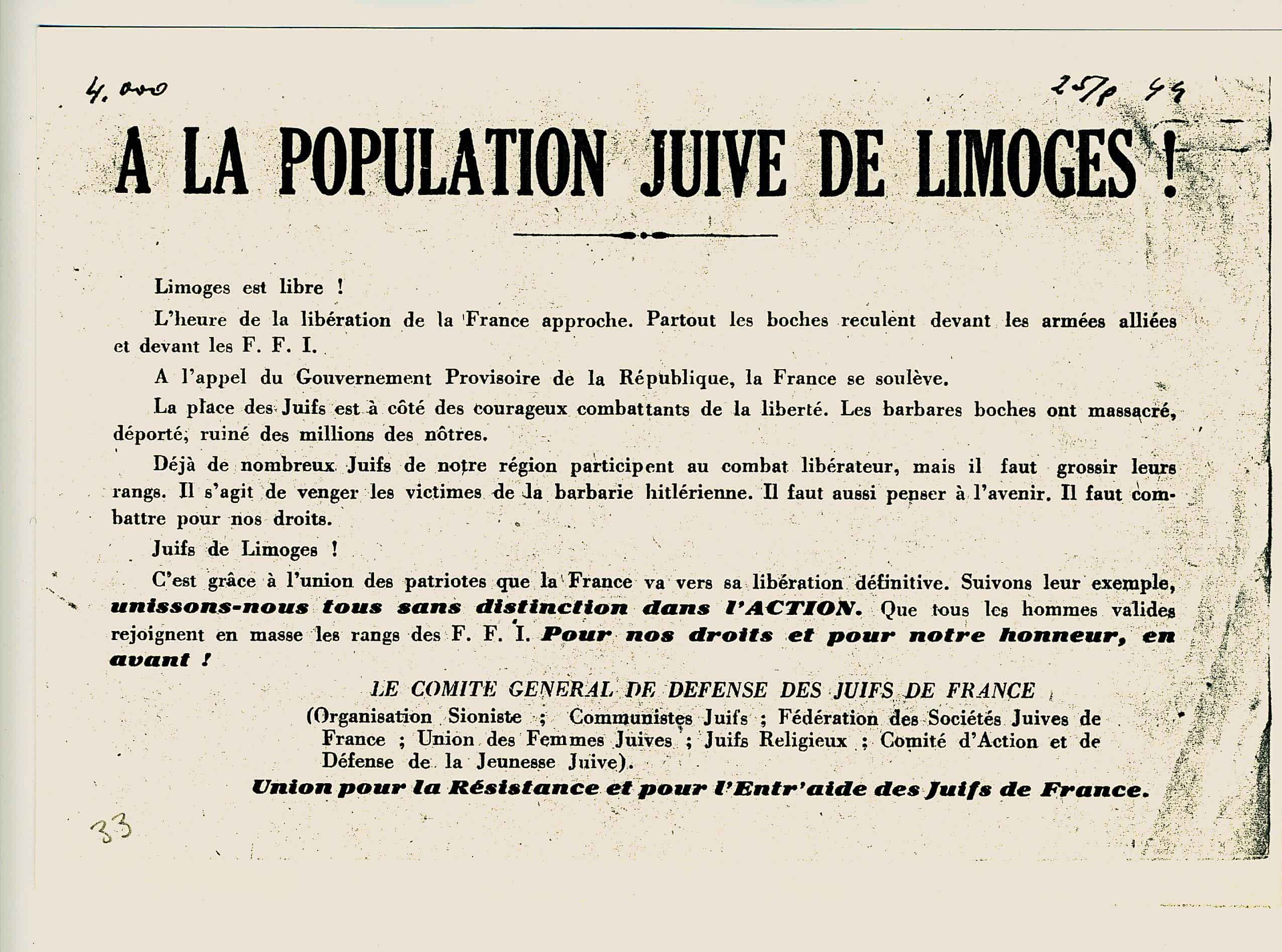 <span style="float: left; font-size: 26px; font-weight: bold; color: black;">4</span> Insurrections populaires. Engagement des jeunes Juifs 62 s14.pa4 .016 tract ujre limoges MRJ MOI