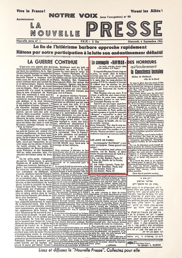 <span style="float: left; font-size: 26px; font-weight: bold; color: black;">4</span> Insurrections populaires. Engagement des jeunes Juifs 40 s14.pa4 .021 notre voix 6 sept44.mg MRJ MOI