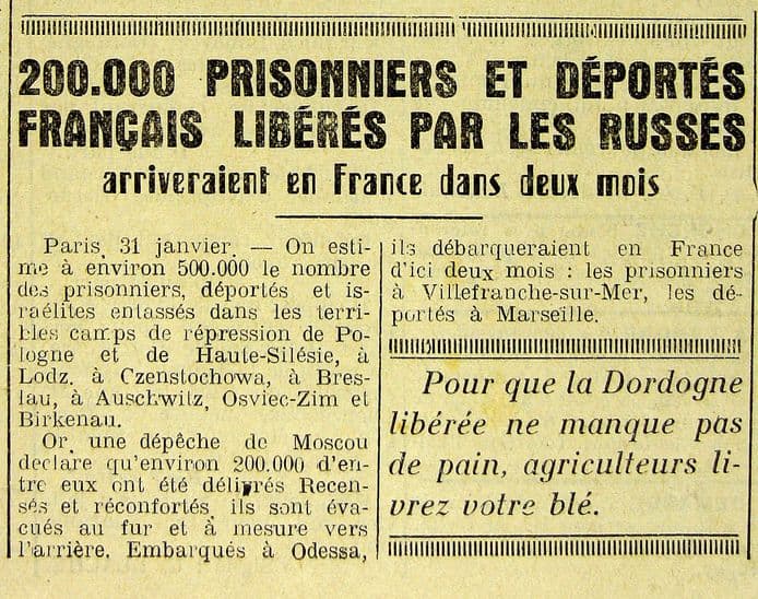 <span style="float: left; font-size: 26px; font-weight: bold; color: black;">1</span> Ampleur du génocide 30 s15.pa1 .022 retour deportes dordogne libre 1.02.1945 MRJ MOI