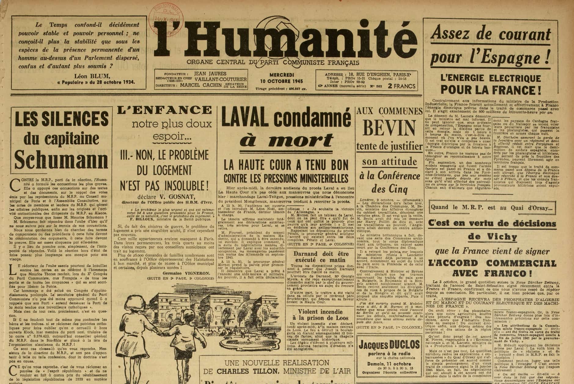 <span style="float: left; font-size: 26px; font-weight: bold; color: black;">2</span> Création de la Commission Centrale de l’Enfance (CCE) 36 s15.pa2 .016 humanite condamn.laval 10oct45 MRJ MOI