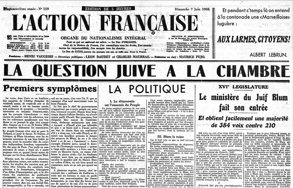 <span style="float: left; font-size: 26px; font-weight: bold; color: black;">1</span> Un front uni contre deux dangers communs 42 s2.pa1 .009 action francaise 7juin1936 MRJ MOI