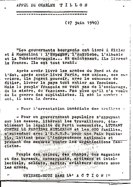 <span style="float: left; font-size: 26px; font-weight: bold; color: black;">1</span> Engagement des Juifs immigrés dans la guerre 54 s3.pa1 .018 appel tillon 17juin 1940 MRJ MOI