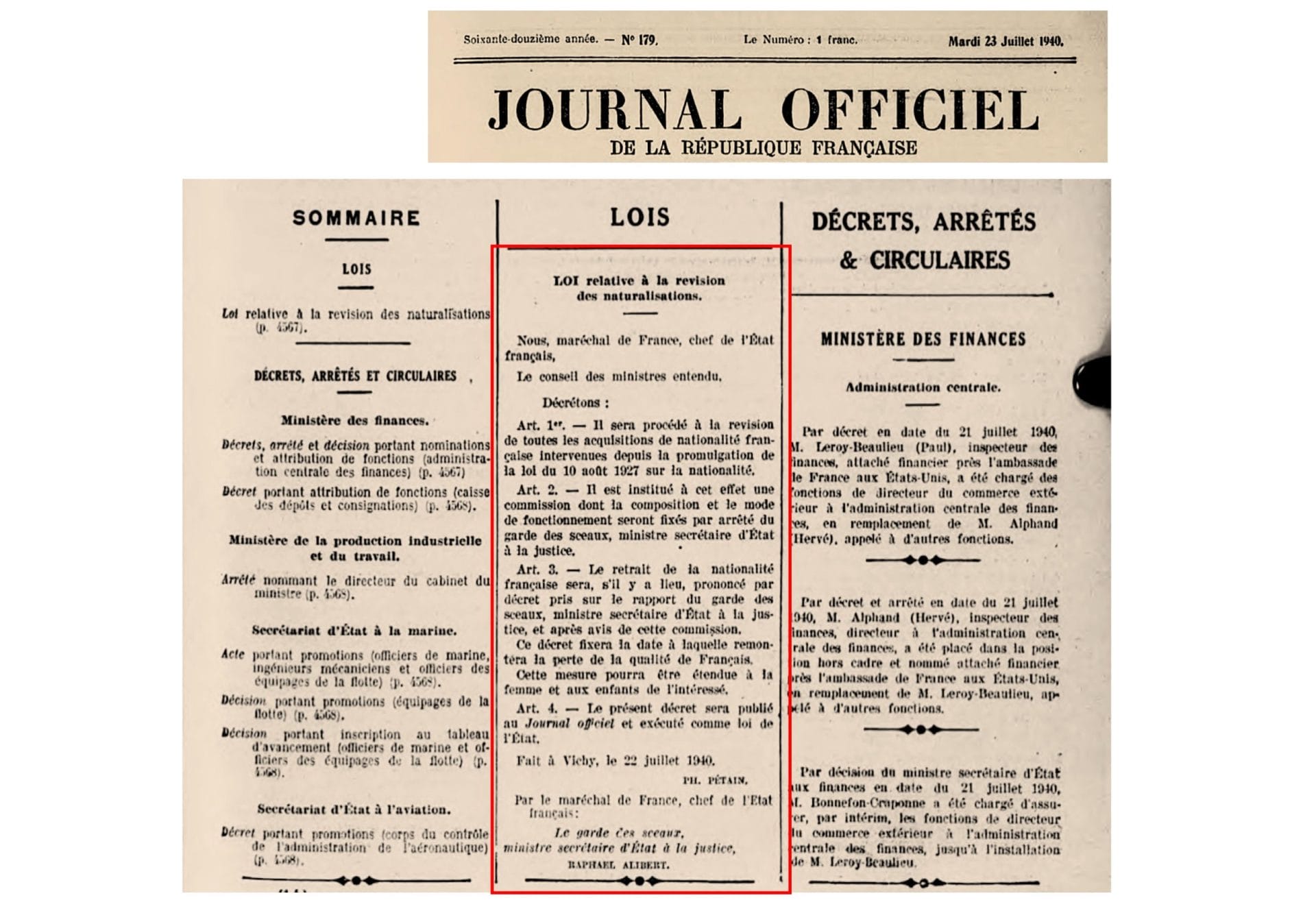 <span style="float: left; font-size: 26px; font-weight: bold; color: black;">2</span> De la collaboration à l’antisémitisme d'État 57 s3.pa2 .017 loi revision.nat .22juillet 1940 mg scaled MRJ MOI