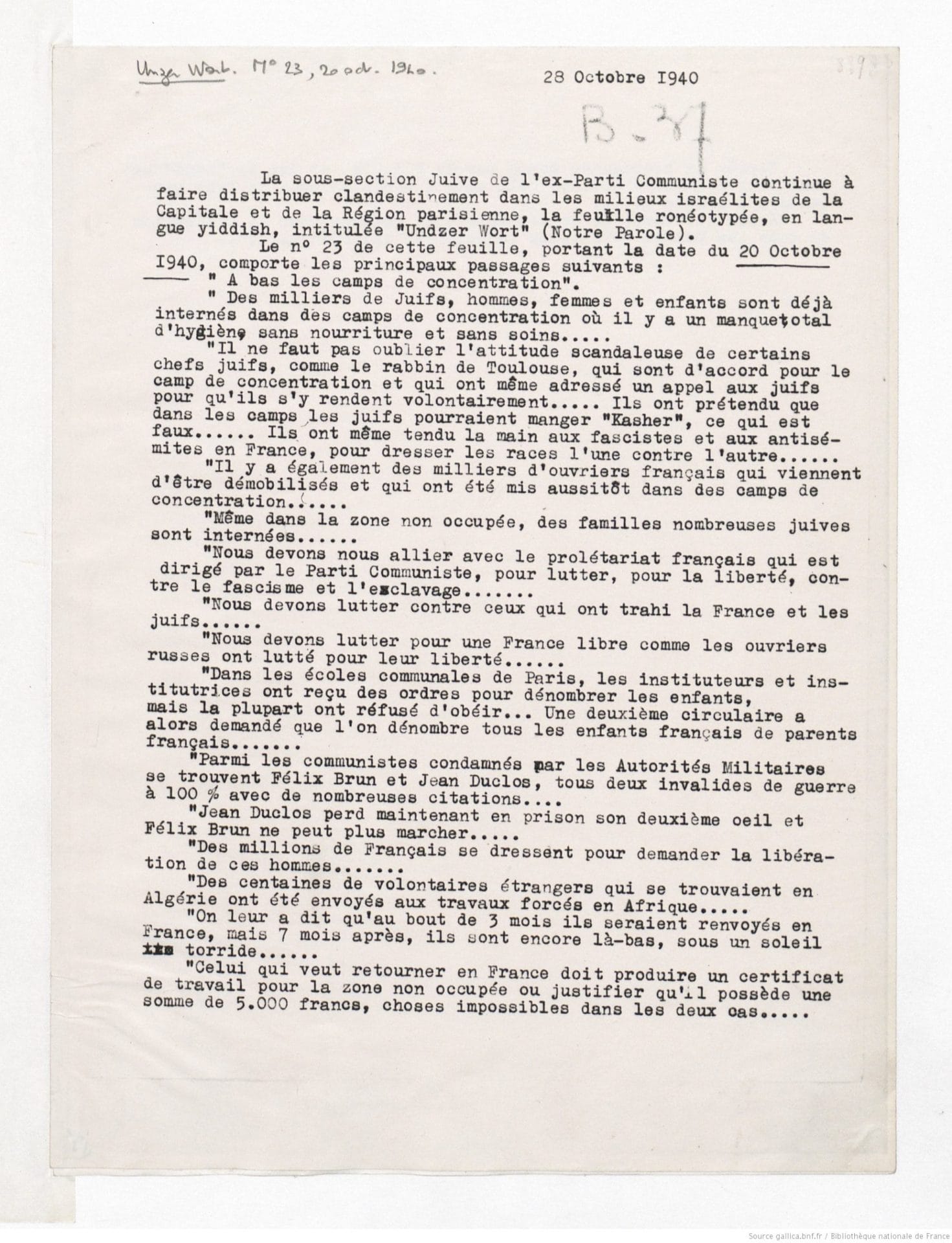 <span style="float: left; font-size: 26px; font-weight: bold; color: black;">2</span> Prémices de la Résistance, l’Organisation Spéciale (OS) 22 s4.pa2 .002 unzer wort 28oct940 trad scaled MRJ MOI