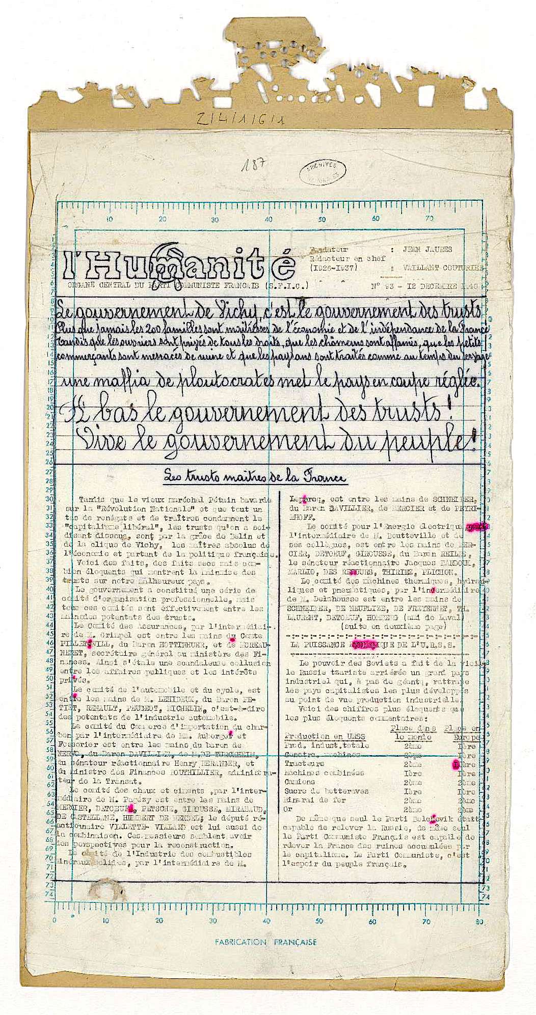 <span style="float: left; font-size: 26px; font-weight: bold; color: black;">2</span> Prémices de la Résistance, l’Organisation Spéciale (OS) 24 s4.pa2 .003 stencil huma 12dec1940 MRJ MOI