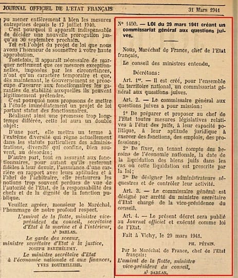 <span style="float: left; font-size: 26px; font-weight: bold; color: black;">3</span> Camps d’internement et premières rafles 61 s4.pa3 .001 loi cqj 29mars1941 mg MRJ MOI