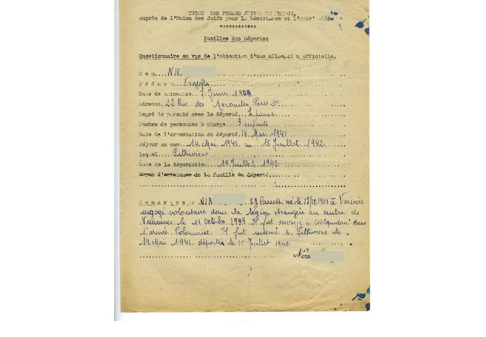<span style="float: left; font-size: 26px; font-weight: bold; color: black;">3</span> Camps d’internement et premières rafles 60 s4.pa3 .015 nir.fraj engage volontaire mg MRJ MOI