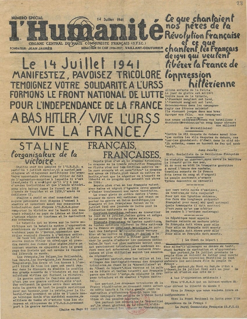 <span style="float: left; font-size: 26px; font-weight: bold; color: black;">2</span> Résistance armée, Résistance civile 31 s5.pa2 .013 humanite 14 juillet 1941 MRJ MOI