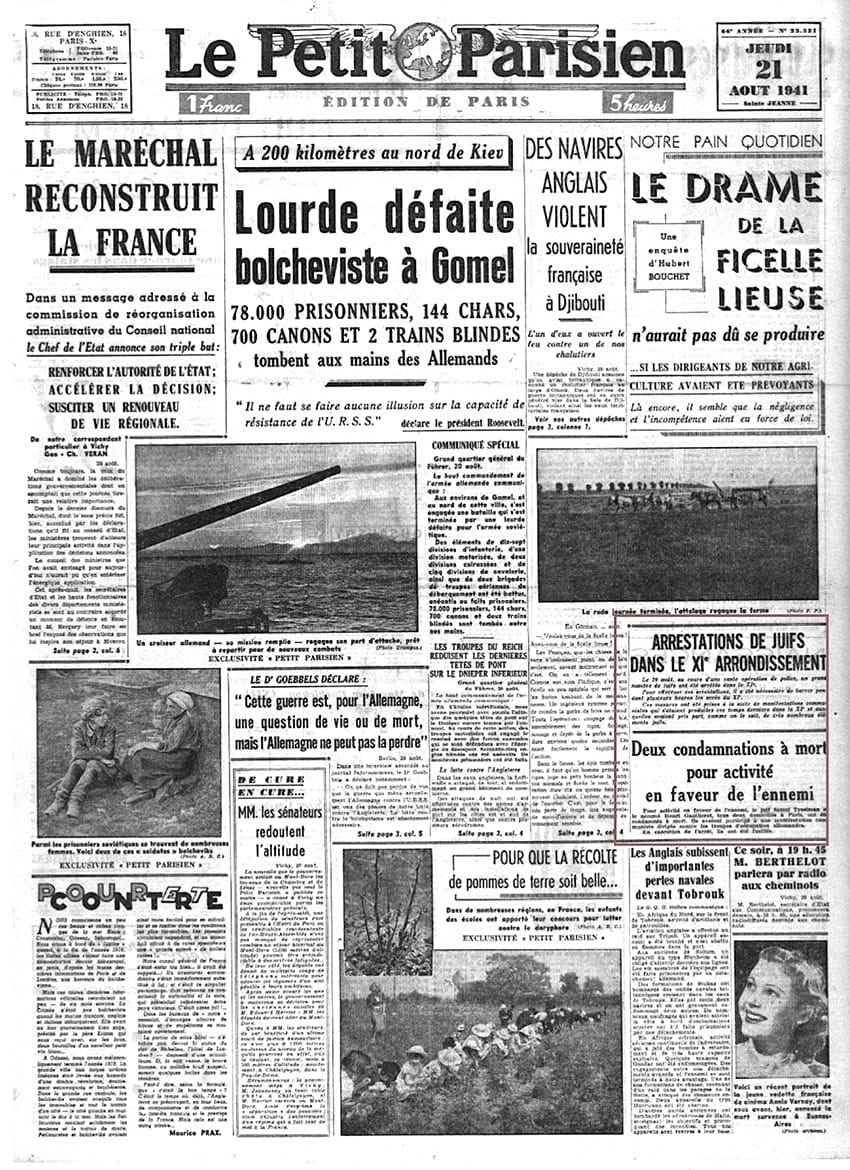 <span style="float: left; font-size: 26px; font-weight: bold; color: black;">3</span> Manifestations anti-hitlériennes et répression 33 s5.pa3 .021 petit parisien 21aout 41 mg MRJ MOI