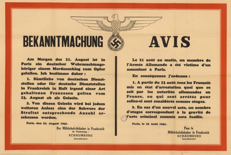 <span style="float: left; font-size: 26px; font-weight: bold; color: black;">1</span> Les attentats anti-allemands. Rafle du 11ème à Paris 25 s6.pa1 .003 affiche allemands 21aout41 MRJ MOI