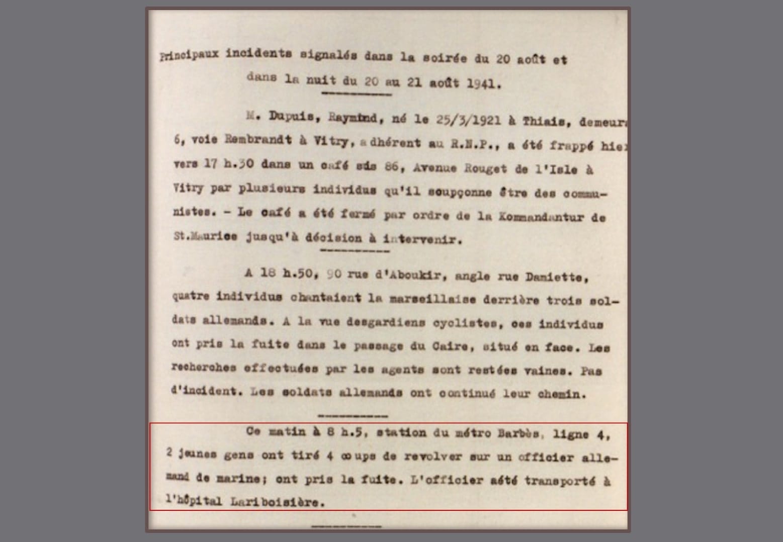 <span style="float: left; font-size: 26px; font-weight: bold; color: black;">1</span> Les attentats anti-allemands. Rafle du 11ème à Paris 30 s6.pa1 .004 rapport attentats aout41.mg MRJ MOI