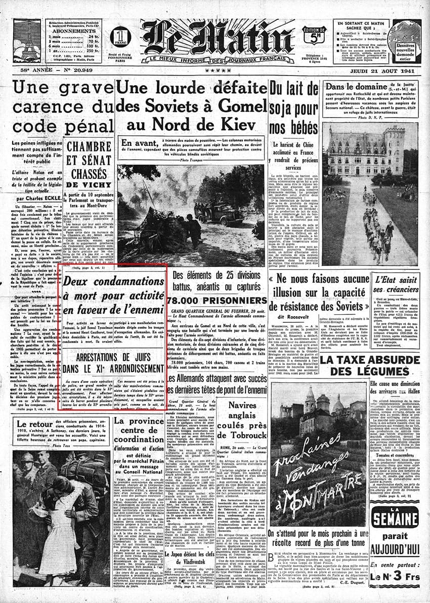 <span style="float: left; font-size: 26px; font-weight: bold; color: black;">1</span> Les attentats anti-allemands. Rafle du 11ème à Paris 24 s6.pa1 .011 le matin 21aout 41 mg MRJ MOI