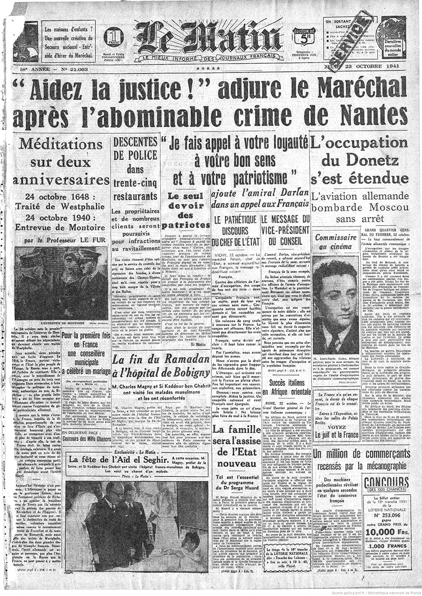 <span style="float: left; font-size: 26px; font-weight: bold; color: black;">3</span> Formes diverses de Résistance. Représailles. Exécutions d’otages 41 s6.pa3 .017 le matin 23oct 1941 min MRJ MOI