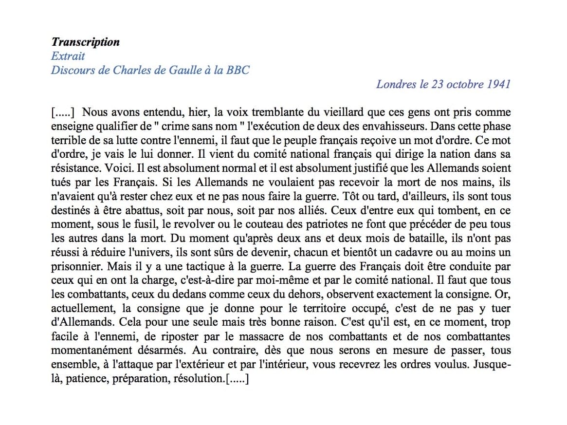 <span style="float: left; font-size: 26px; font-weight: bold; color: black;">3</span> Formes diverses de Résistance. Représailles. Exécutions d’otages 51 s6.pa3 .022 discours de gaulle londres min MRJ MOI