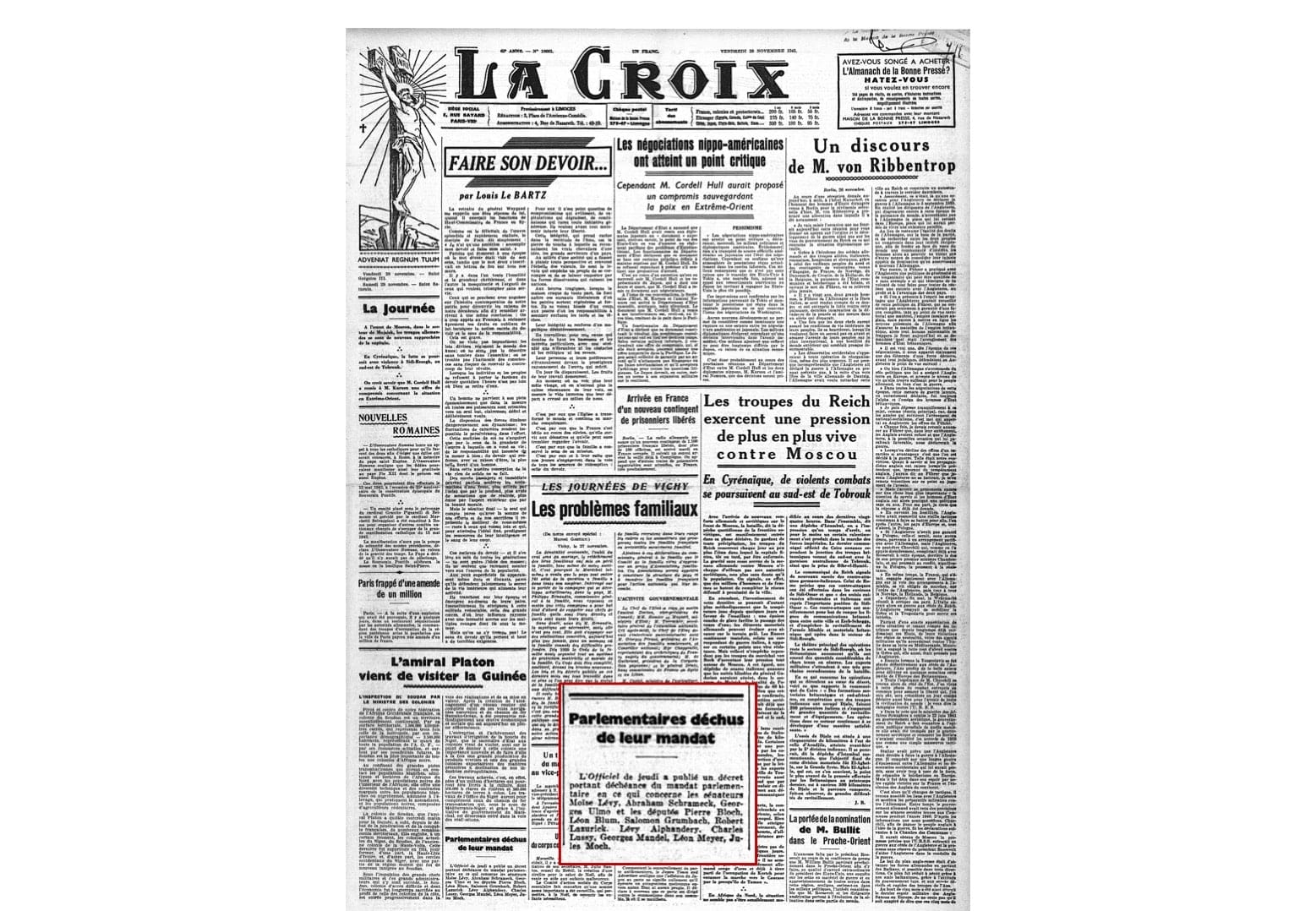 <span style="float: left; font-size: 26px; font-weight: bold; color: black;">1</span> Arsenal juridique anti-juif. Réaction de la M.O.I. 40 s7.pa1 .007 la croix 28 nov1941 mg min MRJ MOI