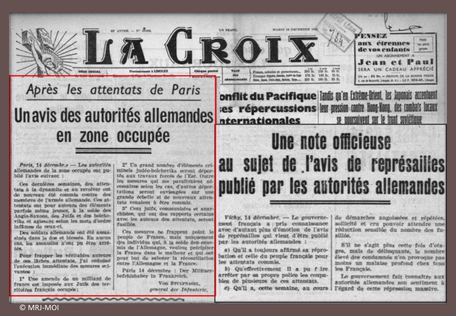 <span style="float: left; font-size: 26px; font-weight: bold; color: black;">2</span> Nouveau palier dans la politique de terreur 48 s7.pa2 .021 la croix 16dec 1941.mg min MRJ MOI