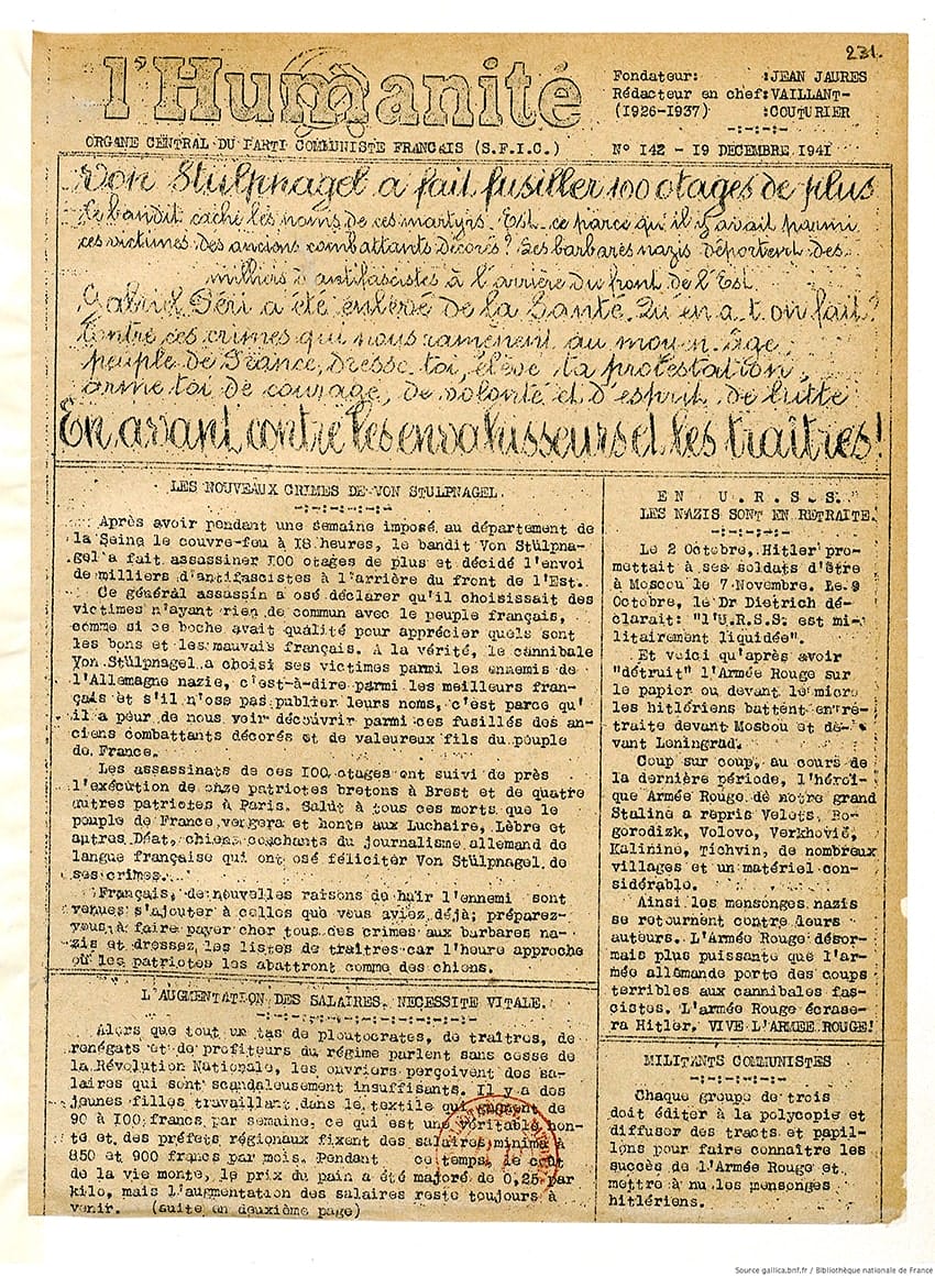 <span style="float: left; font-size: 26px; font-weight: bold; color: black;">2</span> Nouveau palier dans la politique de terreur 52 s7.pa2 .025 humanite 19dec 1941 min MRJ MOI
