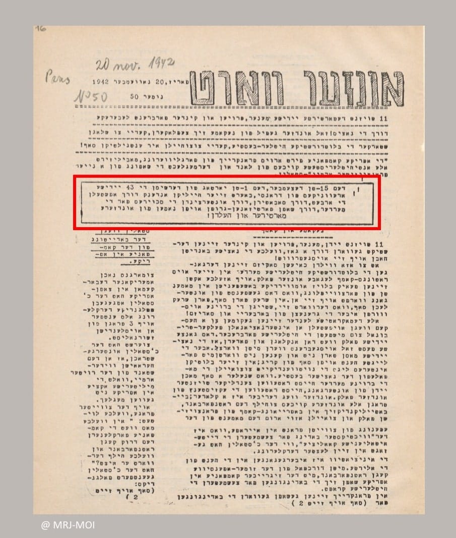 <span style="float: left; font-size: 26px; font-weight: bold; color: black;">1</span> Une action concertée 42 s9.pa1 .013 unzer wort 20nov 1942 mg min MRJ MOI