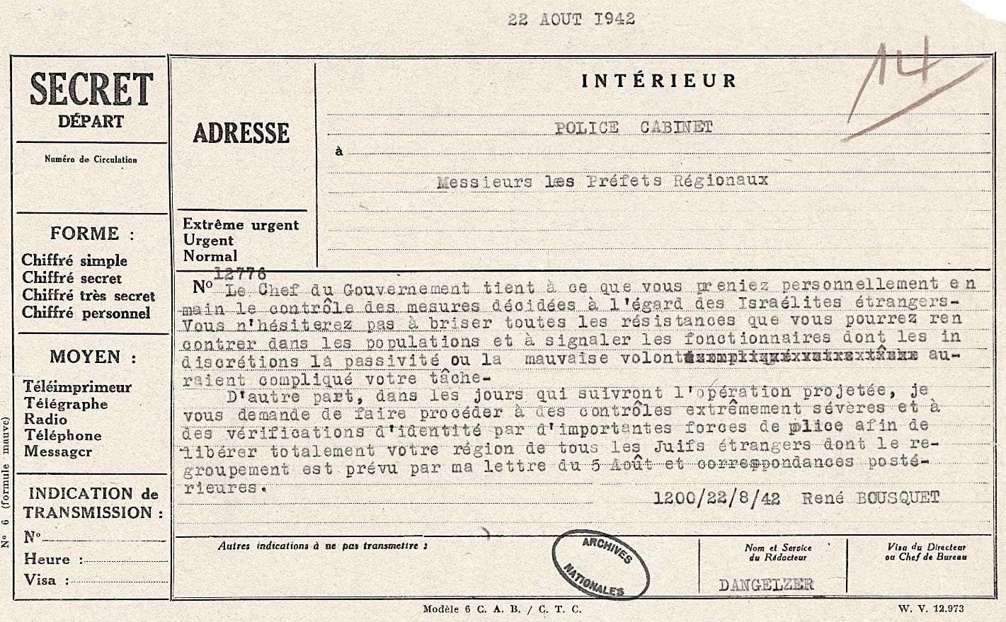 <span style="float: left; font-size: 26px; font-weight: bold; color: black;">1</span> Une action concertée 66 s9.pa1 .023 telelegramme bousquet 22aout42 min MRJ MOI